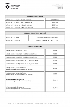 Preus Cursos natació Pinedes 2022