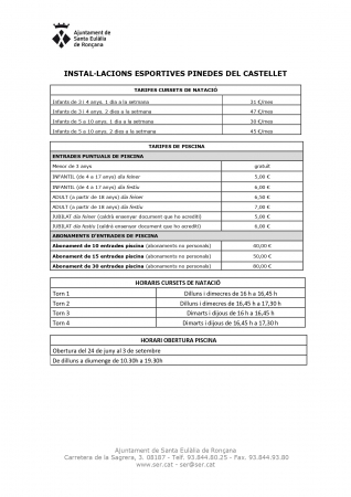 Preus piscina i cursets Pinedes 2023